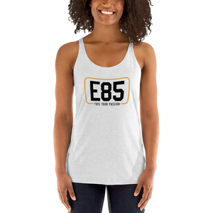 E85 (Black Logo) Women's Racerback White Tank| Automotive Apparel | E85 Brand