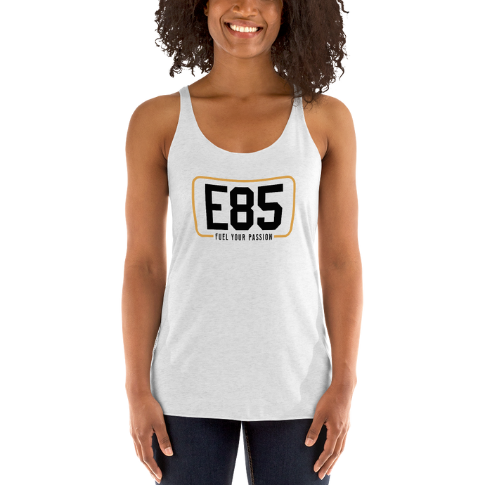 E85 (Black Logo) Women's Racerback White Tank| Automotive Apparel | E85 Brand