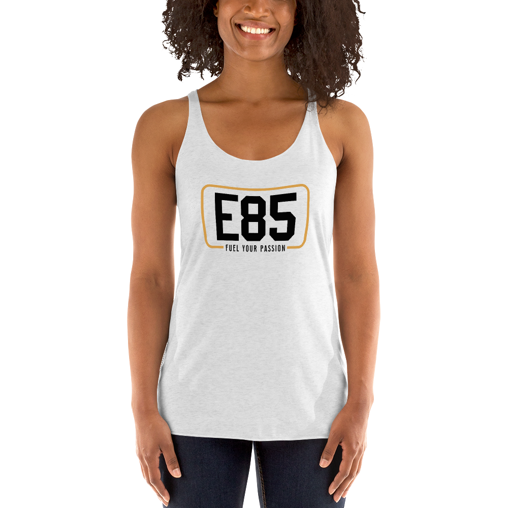 E85 (Black Logo) Women's Racerback White Tank| Automotive Apparel | E85 Brand