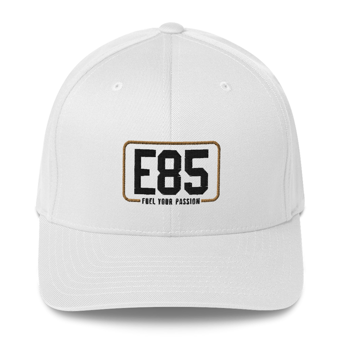 E85 Classic Logo White Flexfit Closed-Back Hat | Automotive Hats | E85 Brand