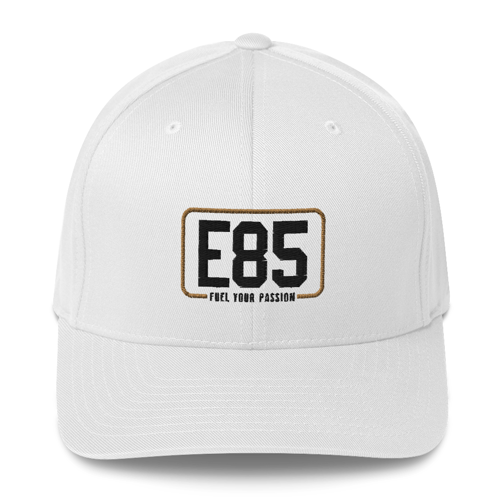 E85 Classic Logo White Flexfit Closed-Back Hat | Automotive Hats | E85 Brand