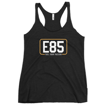 Load image into Gallery viewer, E85 (White Logo) Women&#39;s Racerback Black Tank | Automotive Apparel | E85 Brand
