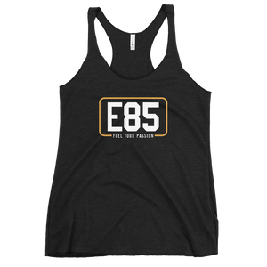 E85 (White Logo) Women's Racerback Black Tank | Automotive Apparel | E85 Brand