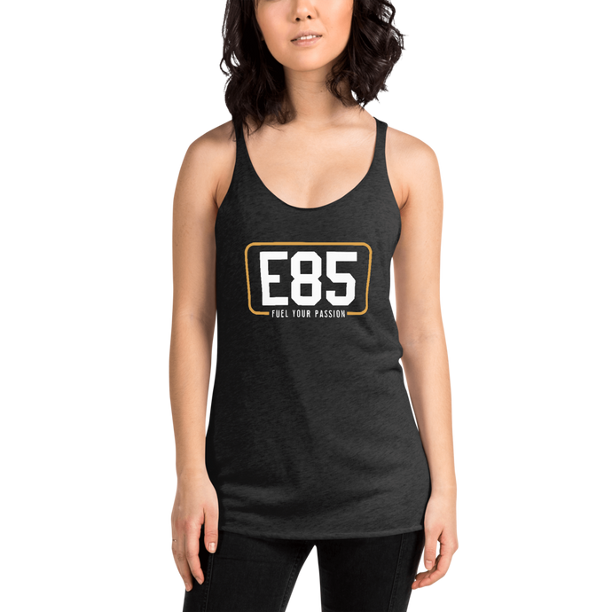 E85 (White Logo) Women's Racerback Black Tank | Automotive Apparel | E85 Brand