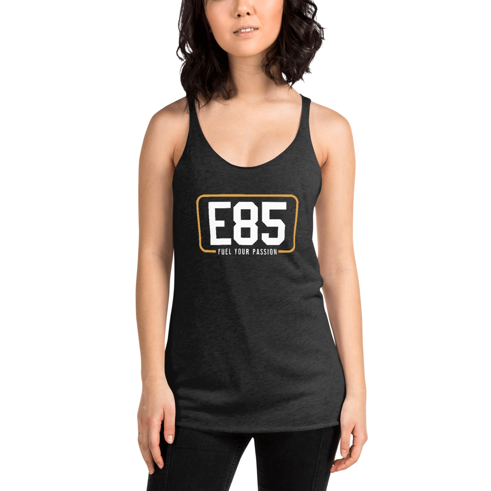 E85 (White Logo) Women's Racerback Black Tank | Automotive Apparel | E85 Brand